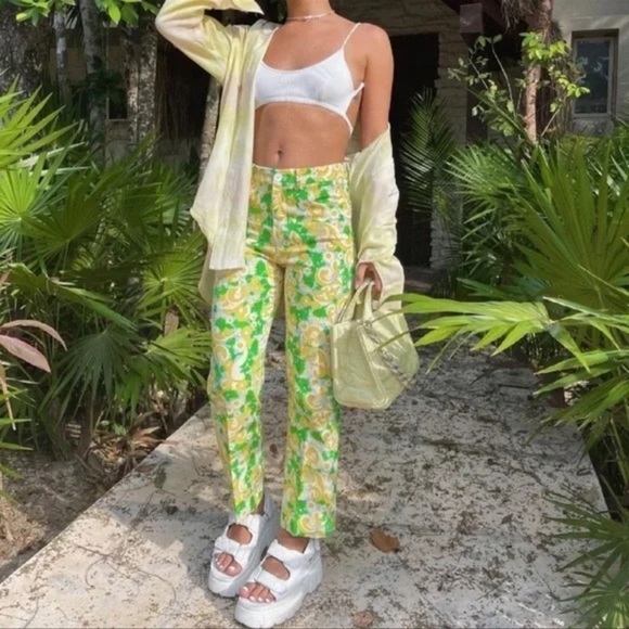 💚ZARA,Psychedelic Green/Yellow 1960’s Floral Printed High-rise Trouser,Size XS - Picture 2 of 14
